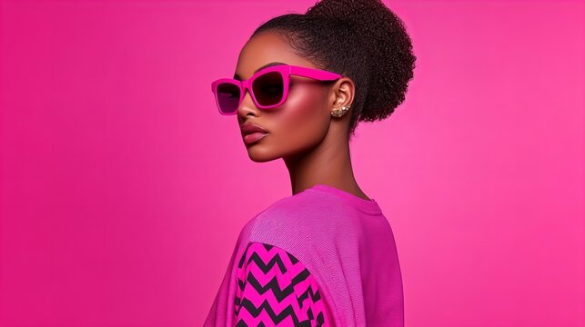 A young Black woman with a stylish updo rocks bold pink sunglasses against a vibrant pink backdrop.