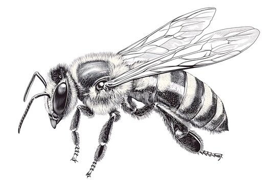 Honey flyer with clear parts displaying its wings feet and striped shell in a lifelike form sketch cutting AI-crafted raster piece scratch style black white frame  
