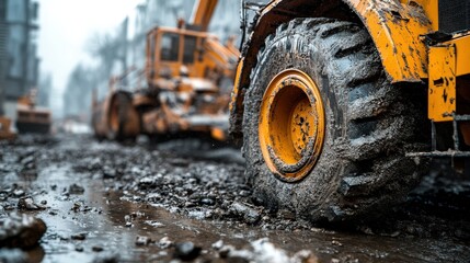 Close up of muddy wheel of heavy machinery working on construction site