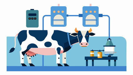 Fototapeta premium The robotic milking system is equipped with sensors to monitor the cows milk yield ensuring efficient and accurate milking sessions.. Vector illustration