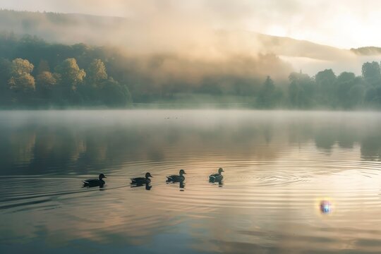 A picturesque view of a serene lake shrouded in morning mist, featuring a family of ducks swimming peacefully, A serene lake with a family of ducks swimming