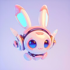 Cute 3D cartoon bunny character with headphones on purple background. Digital art of kawaii animal for game, sticker, or avatar design. Virtual pet concept