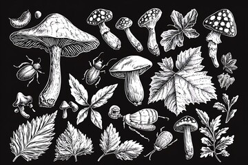 Pests bugs toadstools foliage and outdoor specs in an engraved wood vibe flora and tech sketch scoring AI-formed raster art scratch board black white snap  
