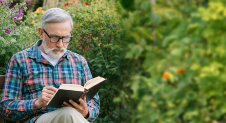 Elderly caucasian male reading book in garden setting