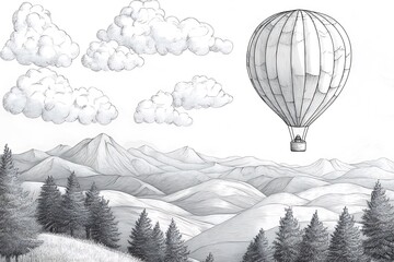 Obraz premium Float riding high over mount land with rolling knolls pines and wisps sketch cutting AI-crafted piece scratch style echo black white frame 
