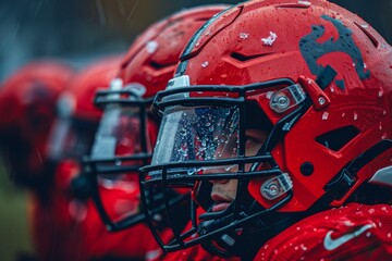 Fototapeta premium Football players stand in a line, wearing helmets, preparing for practice on a rainy day, Emphasize the importance of a football helmet in player safety