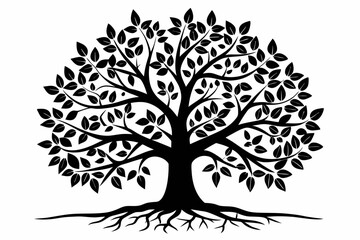 tree with leaves and roots line art silhouette vector illustration
