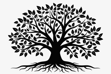 Fototapeta premium tree with leaves and roots line art silhouette vector illustration