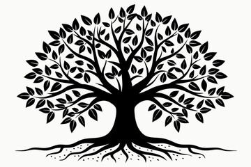 Fototapeta premium tree with leaves and roots line art silhouette vector illustration