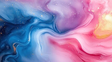 Abstract swirling paint, blue pink gold, cosmic background, design art