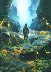 A traveler explores a mystical landscape, surrounded by massive glowing rocks, as he ventures into an unknown, illuminated canyon, digital art style, illustration painting