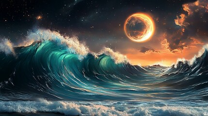 Dramatic ocean waves crash under a fiery, crescent-shaped celestial body and starlit night sky