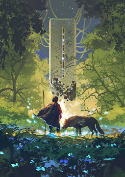 Fototapeta A young boy and his wolf companion stand in an enchanted forest, gazing at a floating, glowing holy stone adorned with intricate carvings, digital art style, illustration painting