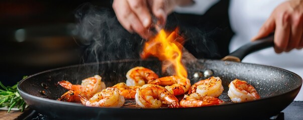 Sizzling shrimp cooking action gourmet kitchen food photography vibrant environment close-up viewpoint culinary artistry for seo impact