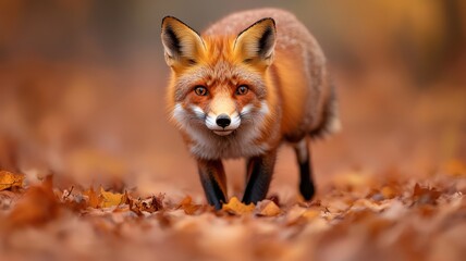 Fox walking through autumn leaves in a tranquil forest setting capturing nature's beauty and wildlife dynamics