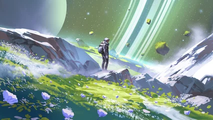 Fototapete An astronaut stands on a vibrant landscape surrounded by floating rocks and gazes at the massive rings of a distant planet in space, digital art style, illustration painting © grandfailure
