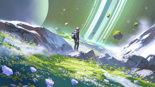 Fototapeta An astronaut stands on a vibrant landscape surrounded by floating rocks and gazes at the massive rings of a distant planet in space, digital art style, illustration painting