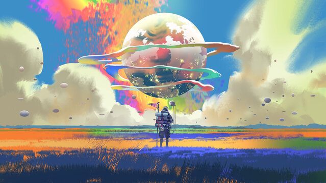 Fototapeta An traveler stands in a vivid dreamlike landscape and gazes at a massive glowing planet with colorful swirling rings in the sky , digital art style, illustration painting