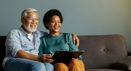 Smiling mature diverse couple relaxing on sofa with tablet in cozy living room