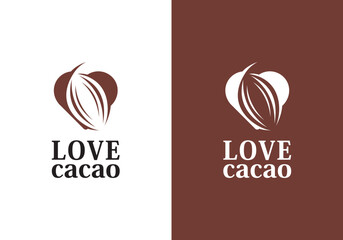 Chocolate coffee bean logo with love. Bean and heart concept. Branding for cafe, coffee shop, restaurant, drink, eatery, vector cocoa love logo