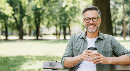 Fototapeta premium Smiling mature caucasian male relaxing outdoors with coffee on park bench