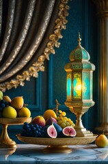 Obraz premium Elegant Gold Lantern with Fruit Still Life