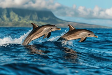 Dolphins leaping over ocean waves tropical island wildlife photography vibrant marine environment dynamic viewpoint natural behavior