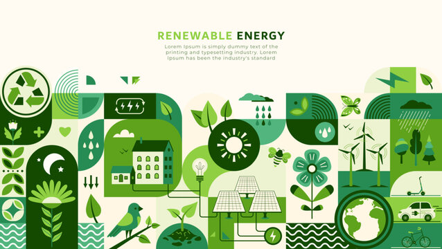 Sustain environment, green energy vector illustration. Ecology icons, recycle energy technology concept for eco friendly background. Save planet design in flat modern style, geometric shape