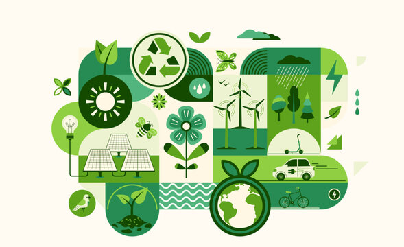 Sustain environment, green energy vector illustration. Ecology icons, recycle energy technology concept for eco friendly background. Save planet design in flat modern style, geometric shape