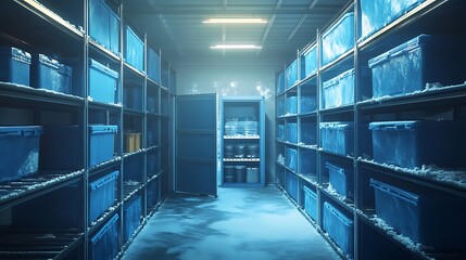 Cold storage facility with frost on the floor and shelves filled with blue plastic containers.