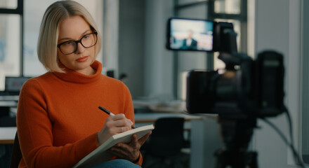 Young caucasian female vlogger in orange sweater creating content with camera