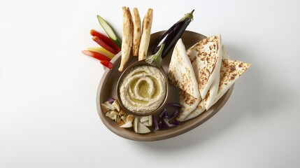 A Vibrant Hummus and Pita Bread Platter with Fresh Vegetables