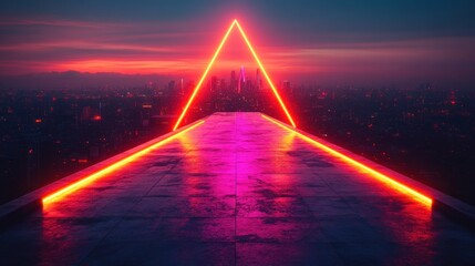 Neon cityscape pathway at sunrise
