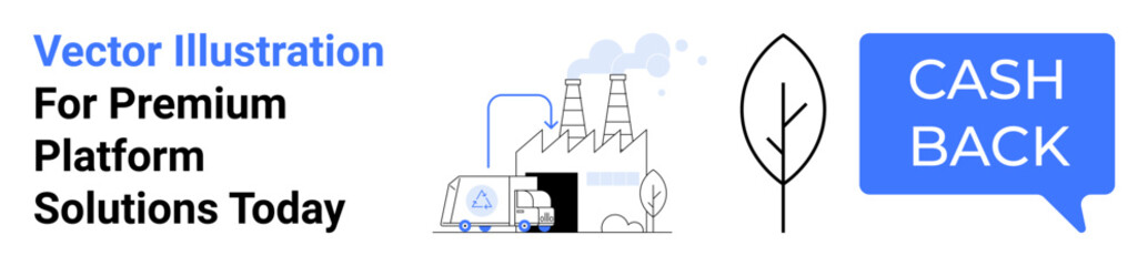 Factory with chimneys, electric van, leaf symbolizing sustainability, and cashback message. Ideal for eco-friendly manufacturing, green energy, cashback offers, financial incentives, sustainability