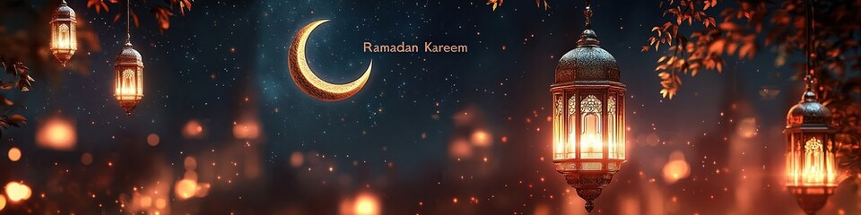 Naklejka premium Ramadan Kareem written in an ornate, hand-drawn style, with a blurred background of traditional Arabic patterns and a golden crescent moon, enhancing the cultural and artistic feel.