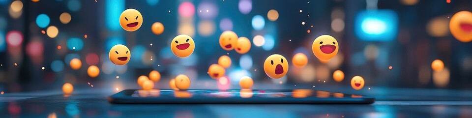 A cascade of emoji reactions flowing out of a tablet screen, with a blurred background of a live-streaming platform, representing real-time engagement.