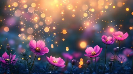 Obraz premium Magical cosmos flowers at dusk with fairy lights bokeh