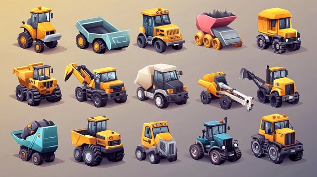A large vector set of special transport icons featuring construction site and road work vehicles. Includes bulldozers, tractors, trucks, crawler cranes, loaders, diggers, concrete mixers.