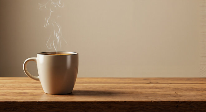 Steaming coffee cup on wooden table