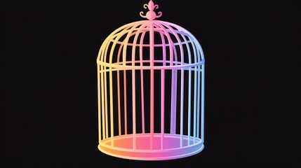Empty colorful birdcage on black background.