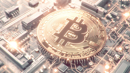 Fototapeta premium Golden Bitcoin on Circuit Board Digital Currency Future Technology Innovation