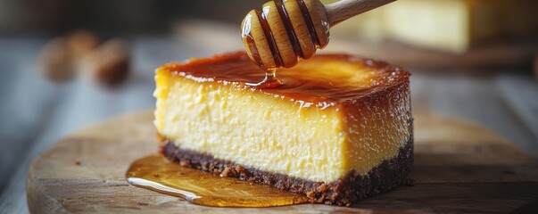 World baking day with homemade cake concept. Delicious cheesecake topped with honey drizzle.
