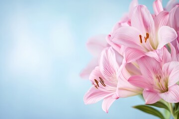 Naklejka premium 美しい薄ピンクのユリの花が青い背景に映える静かな瞬間