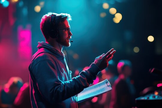 Technician with Headset Directing Event Neon Lights Stage  Concert Show