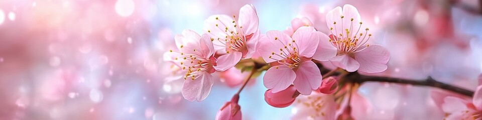 Obraz premium Close-up of delicate cherry blossoms swaying in the breeze, with a blurred background of a soft pink and blue sky, evoking the beauty of springtime.