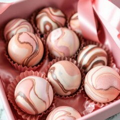 Fototapeta premium Assorted chocolate truffles with marbled pink and brown designs arranged in a pink box with ribbon.