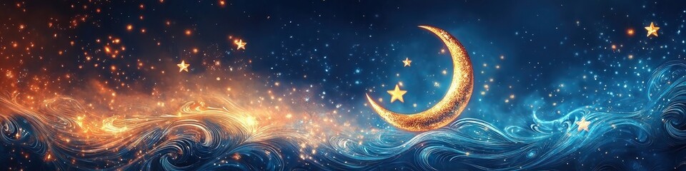 Fototapeta premium Glowing crescent moon floating above swirling cosmic waves, symbolizing spirituality, dreams, and celestial beauty with warm and cool contrasts.