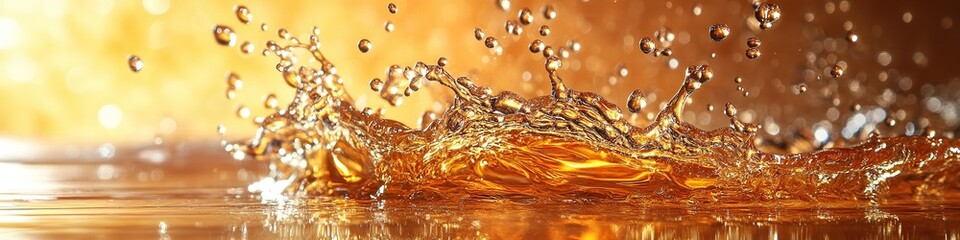  Crystal-clear apple juice splashing over a wooden surface, reflecting warm golden hues, capturing the freshness and vibrancy of the drink.