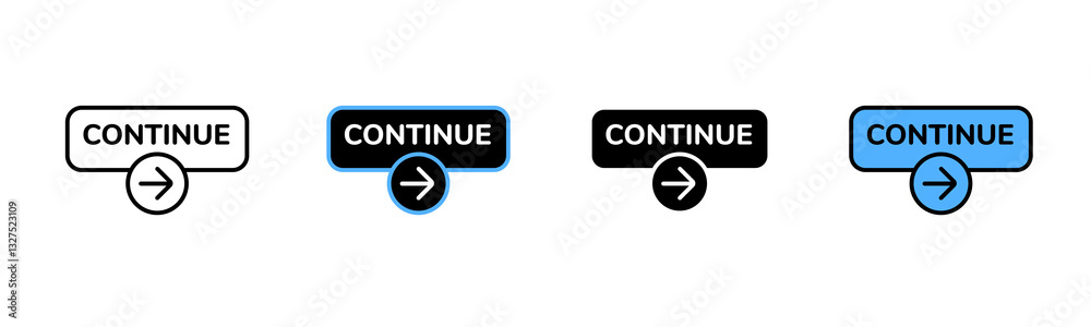 Poster a set of four continue buttons with arrow icon, each with distinct style and color design.