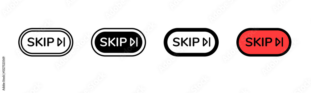 Poster four skip button icons display diverse styles and colors, emphasizing design and functionality.